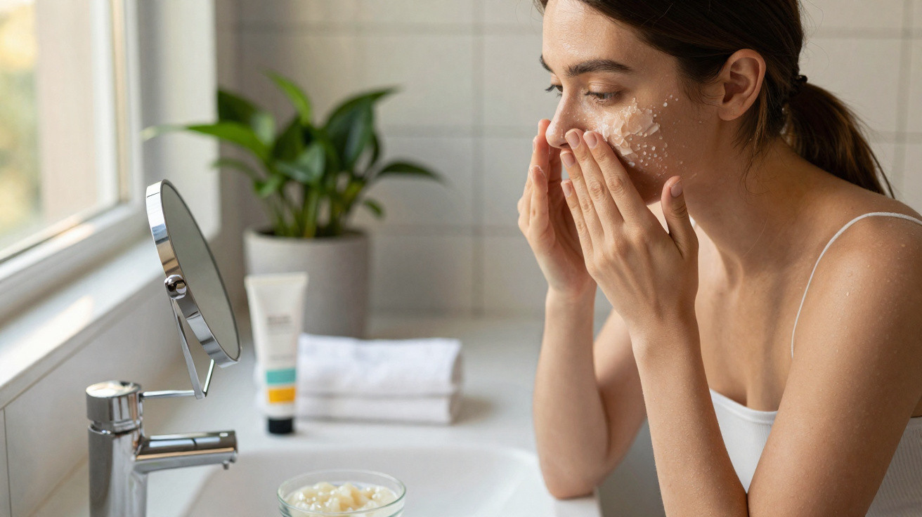 Mulher aplicando creme facial esfoliante no rosto em frente a espelho no banheiro iluminado.
