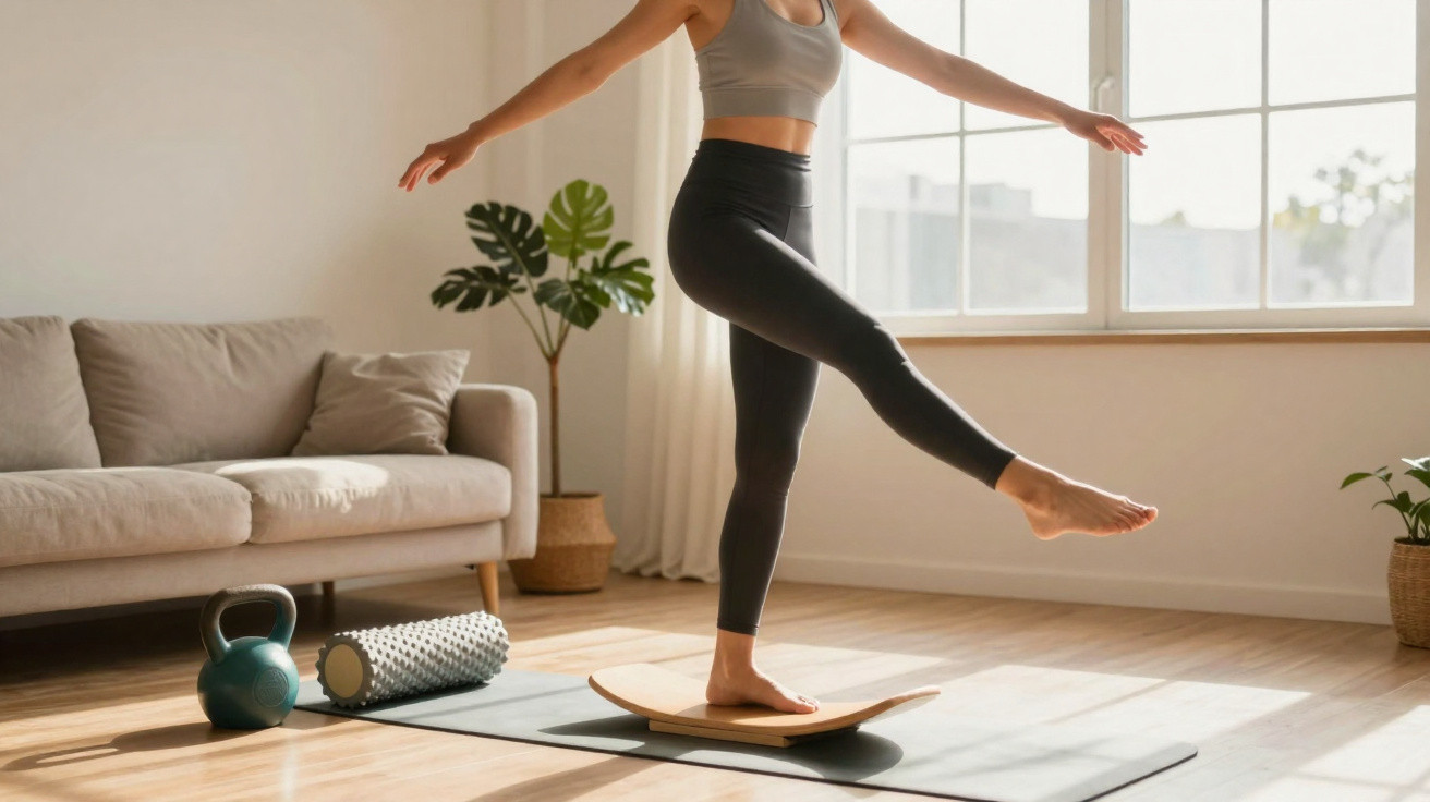 Pessoa equilibrando-se em prancha de equilíbrio em ambiente iluminado e aconchegante com sofá e plantas.