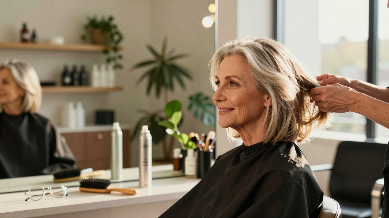Mulher madura sorridente recebendo penteado em salão de beleza, com espelho e produtos ao fundo.