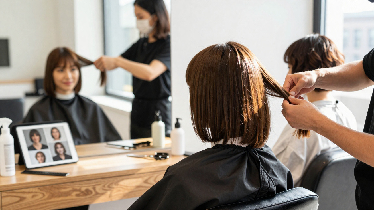 Mulher sentada em salão de beleza com cabeleireiro segurando mechas de seu cabelo castanho médio.