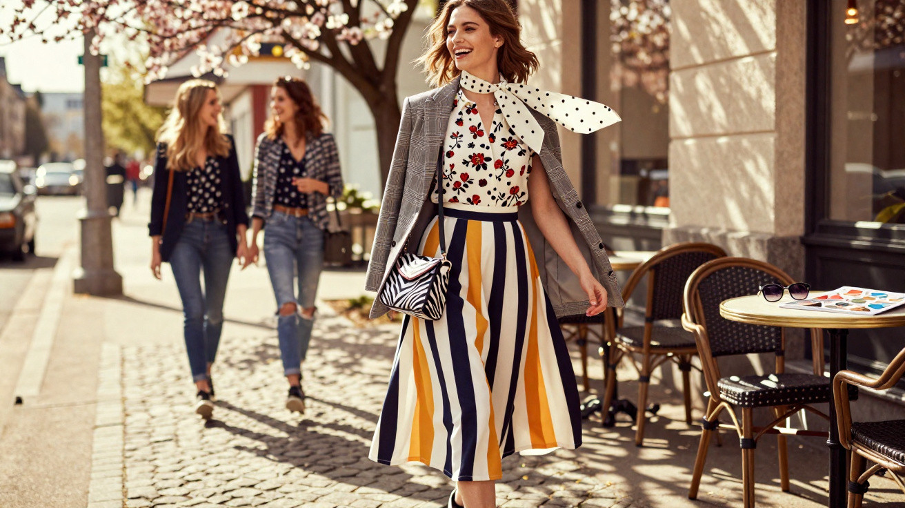 Mulher sorridente caminha na rua com saia listrada, blusa florida e blazer, sob luz do sol em dia de primavera.