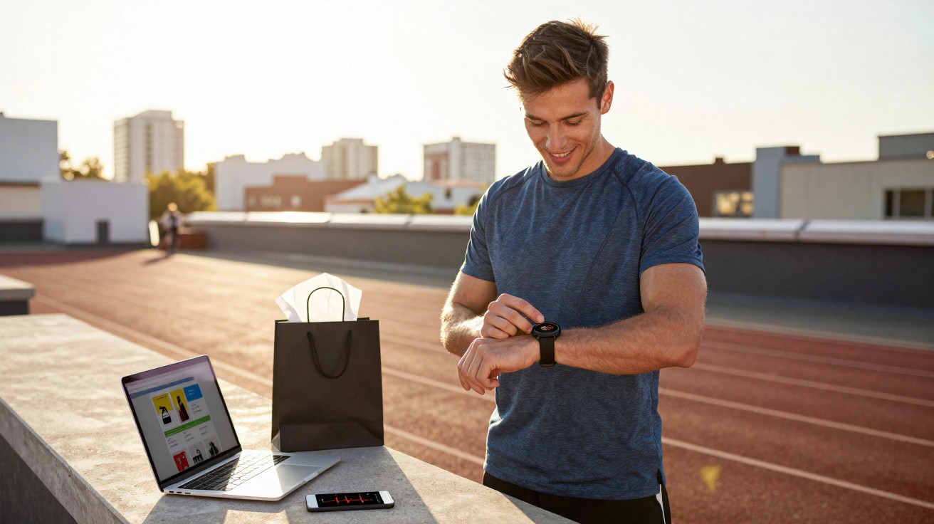 Homem sorridente usando camiseta azul verifica relógio esportivo ao lado de laptop e celular em pista ao ar livre.