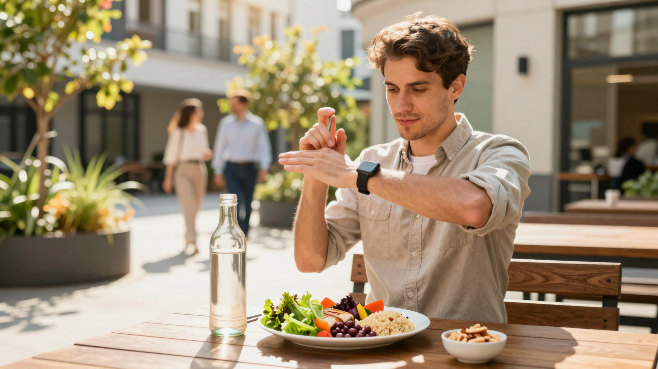 Homem aplicando protetor solar nas mãos sentado em mesa com comida saudável ao ar livre em dia ensolarado.
