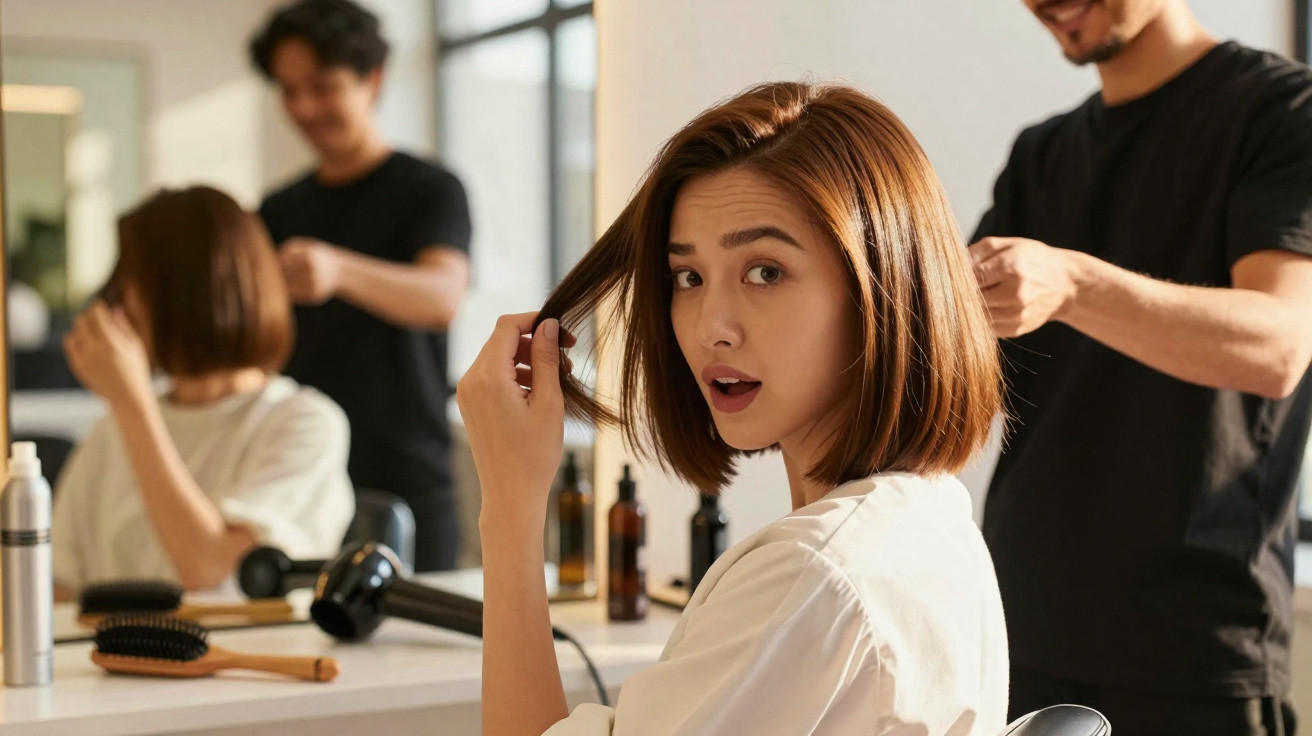 Jovem mulher com cabelo curto visita salão de beleza enquanto cabeleireiro ajeita seu cabelo castanho.