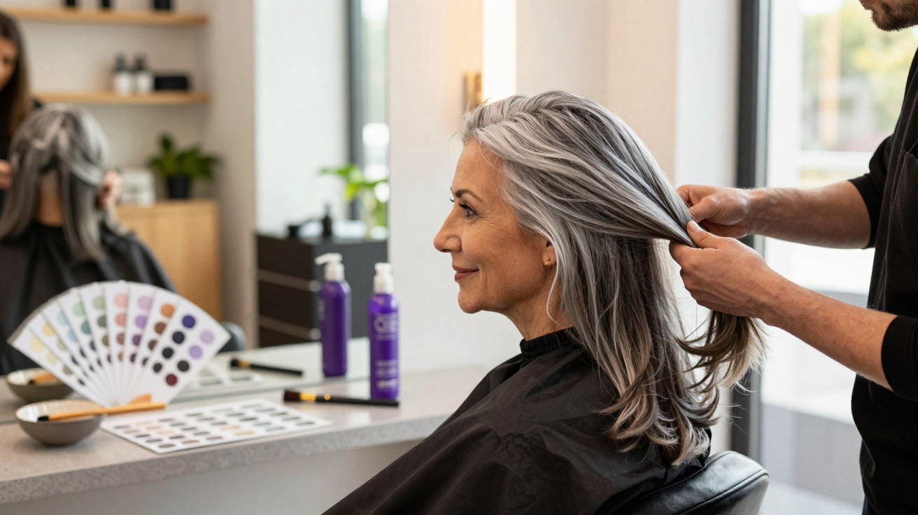Mulher de cabelos grisalhos sentada em salão de beleza enquanto cabeleireiro manuseia seu cabelo.