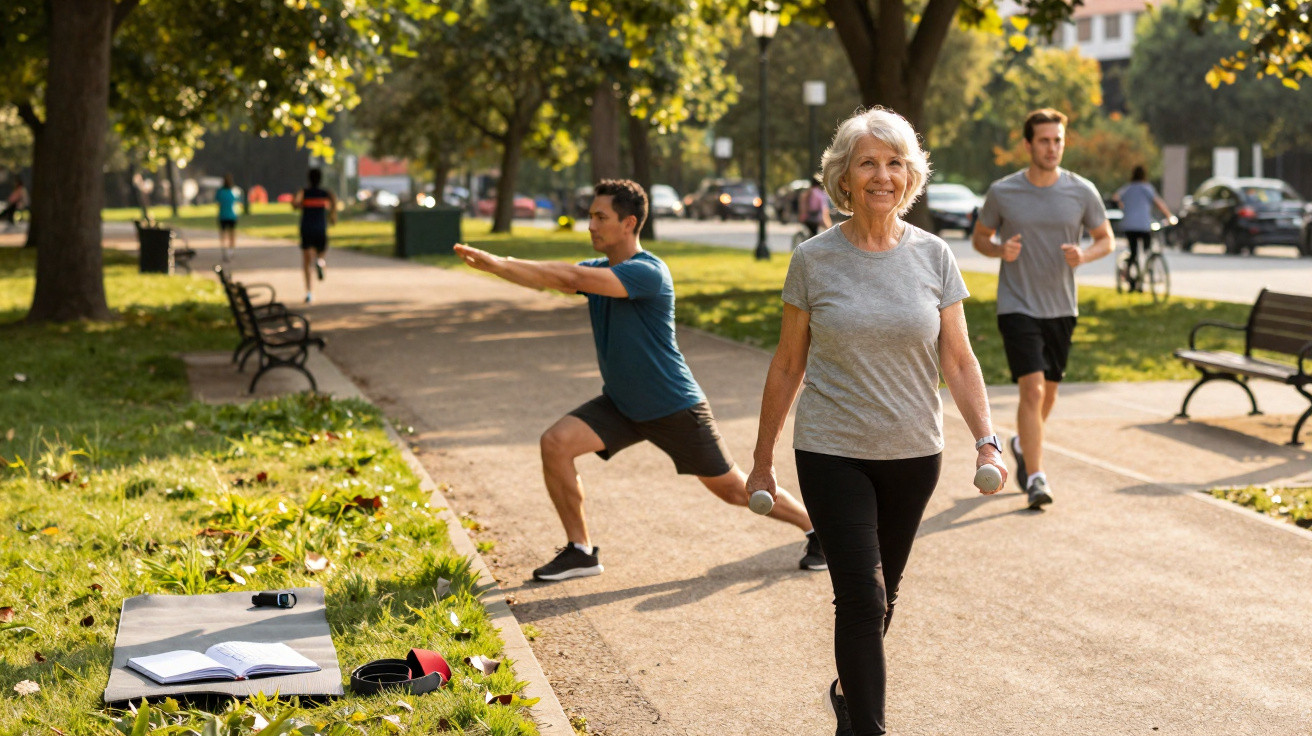 Mulher idosa caminhando com halteres, homem fazendo exercício e outro correndo em parque ensolarado.