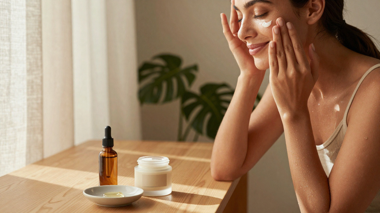 Mulher aplicando creme no rosto sentada à mesa com frascos de cosméticos e luz natural.