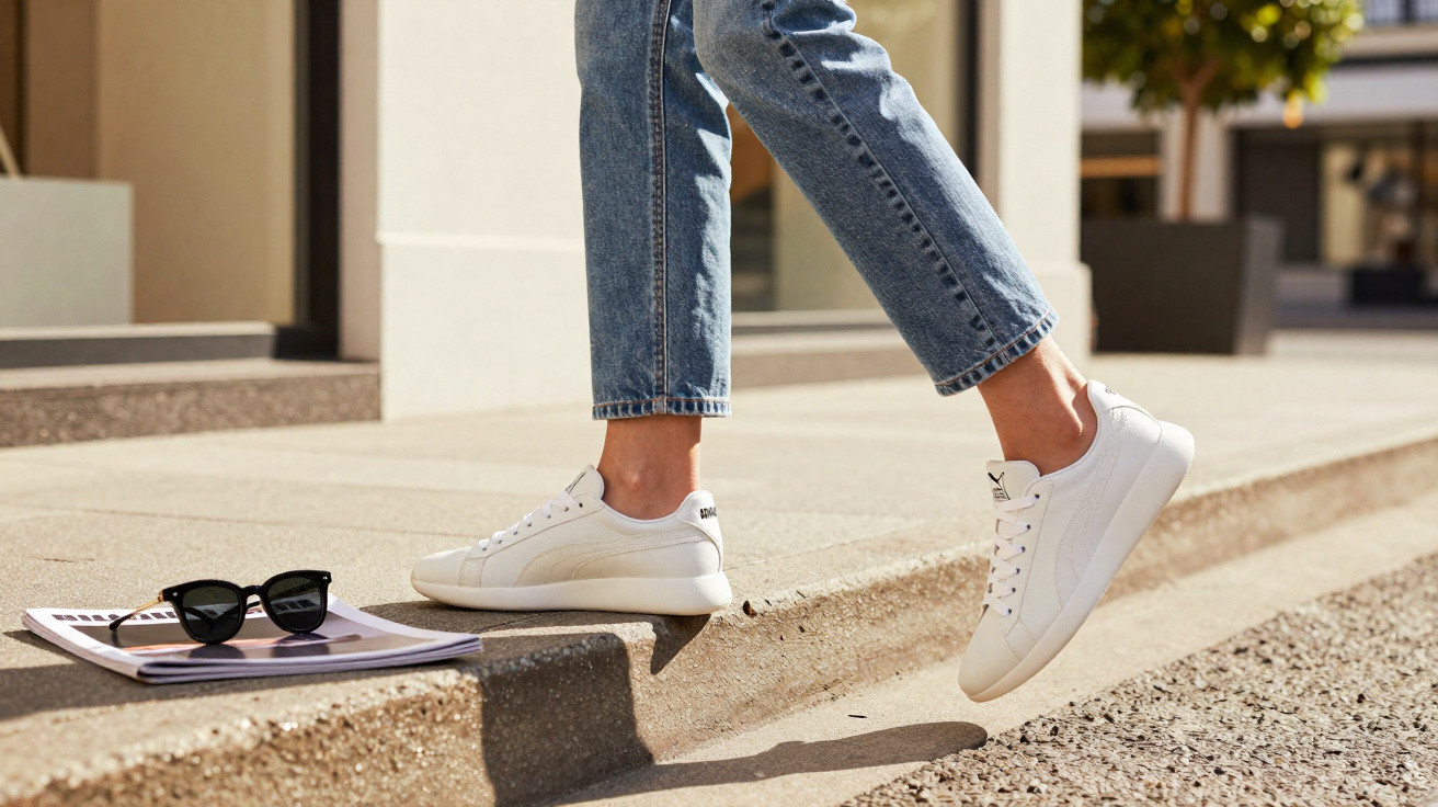 Pessoa com tênis branco e calça jeans subindo meio degrau, próximo a revista com óculos escuros.