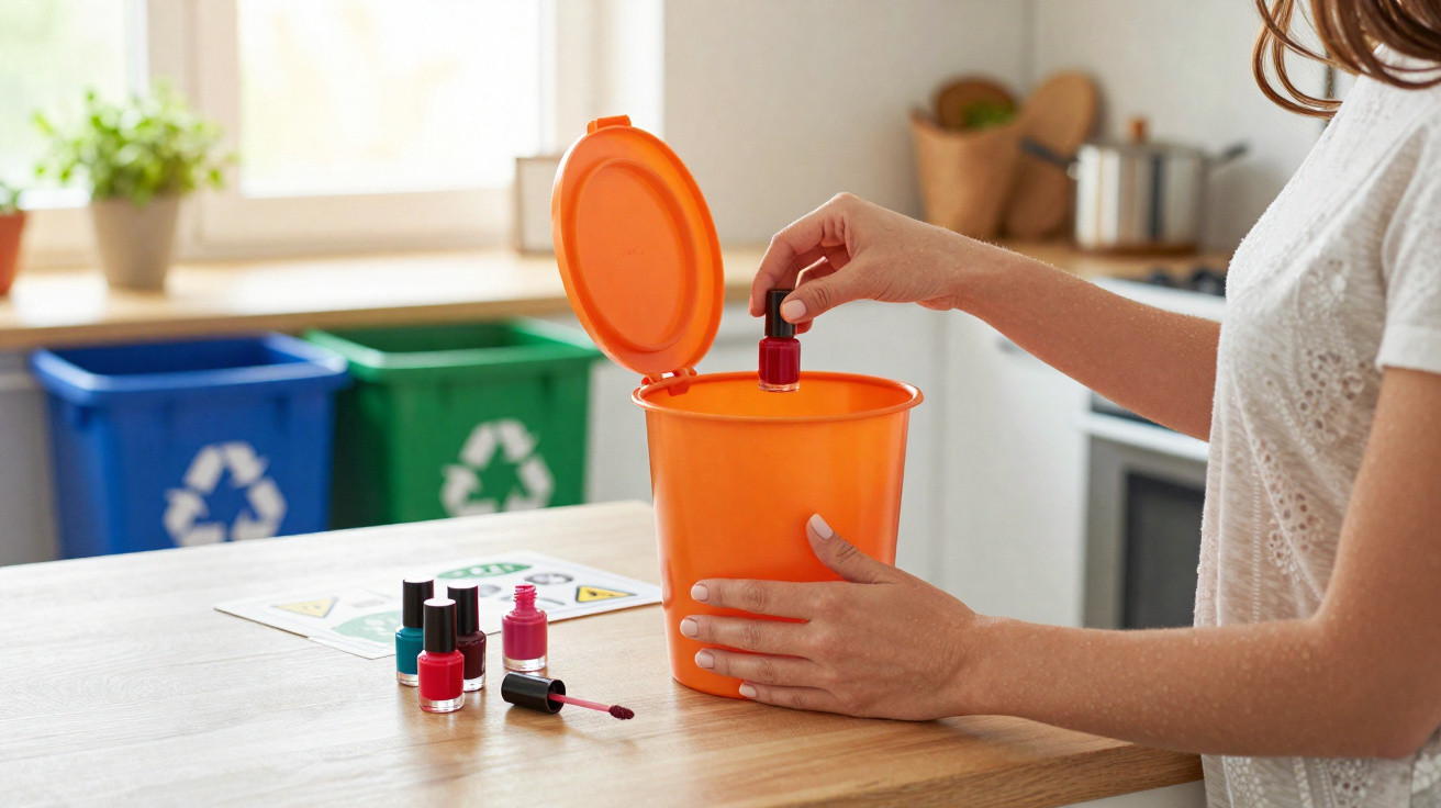 Pessoa descartando esmalte em lixeira laranja com lixeiras de reciclagem ao fundo em cozinha.