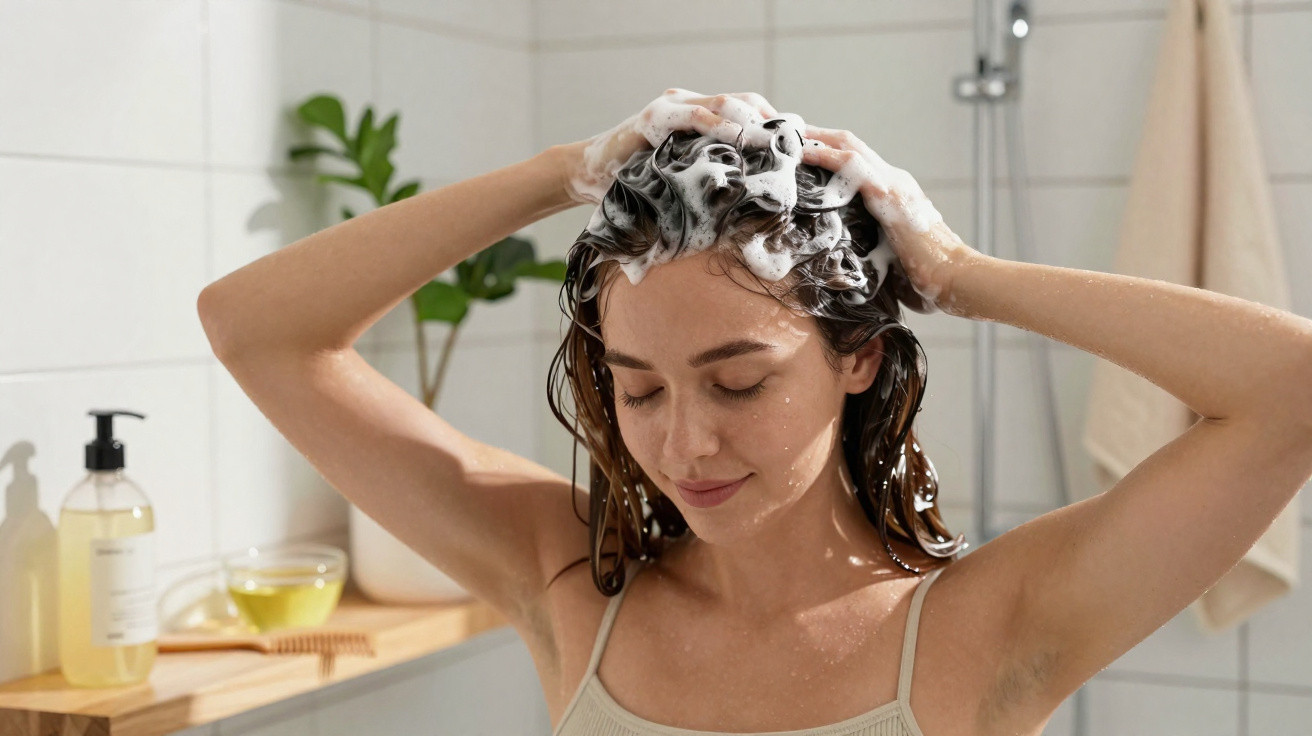 Mulher lavando o cabelo com espuma de shampoo em banheiro claro e moderno.
