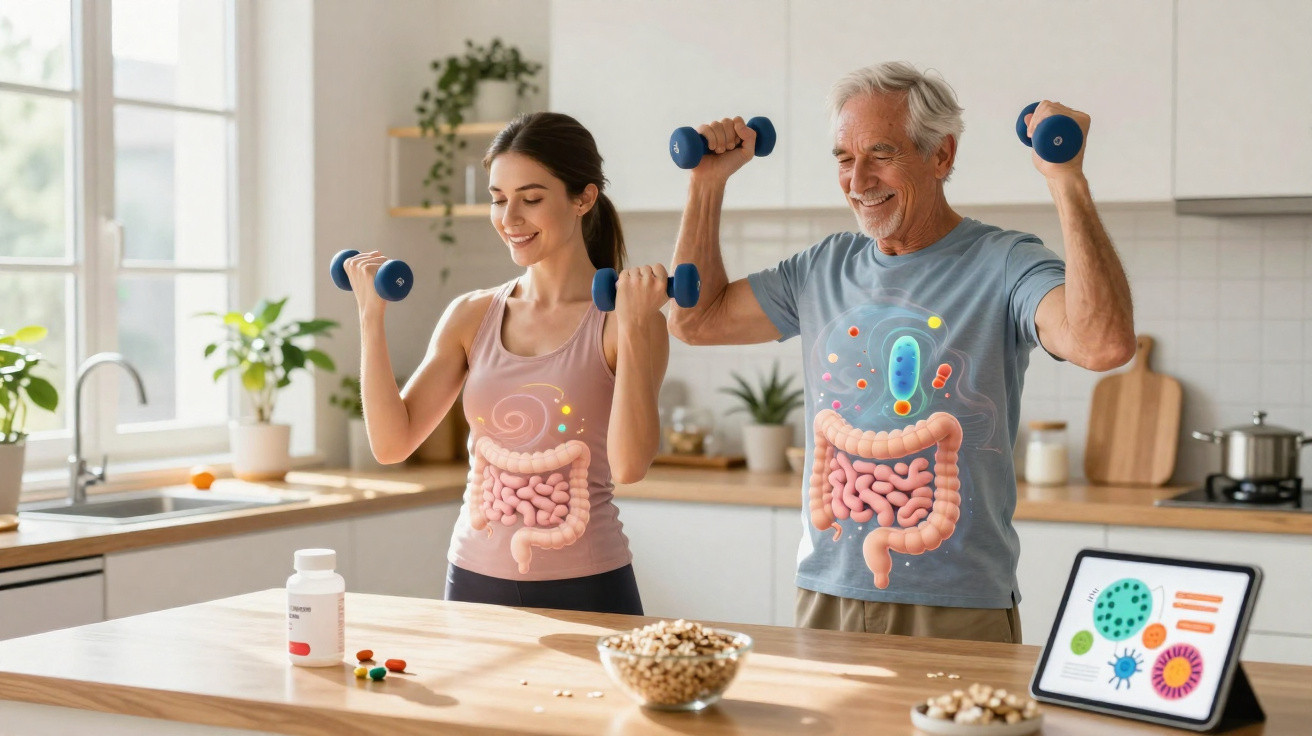 Mulher e homem idosos levantando pesos com ilustração do sistema digestivo visível nas roupas.