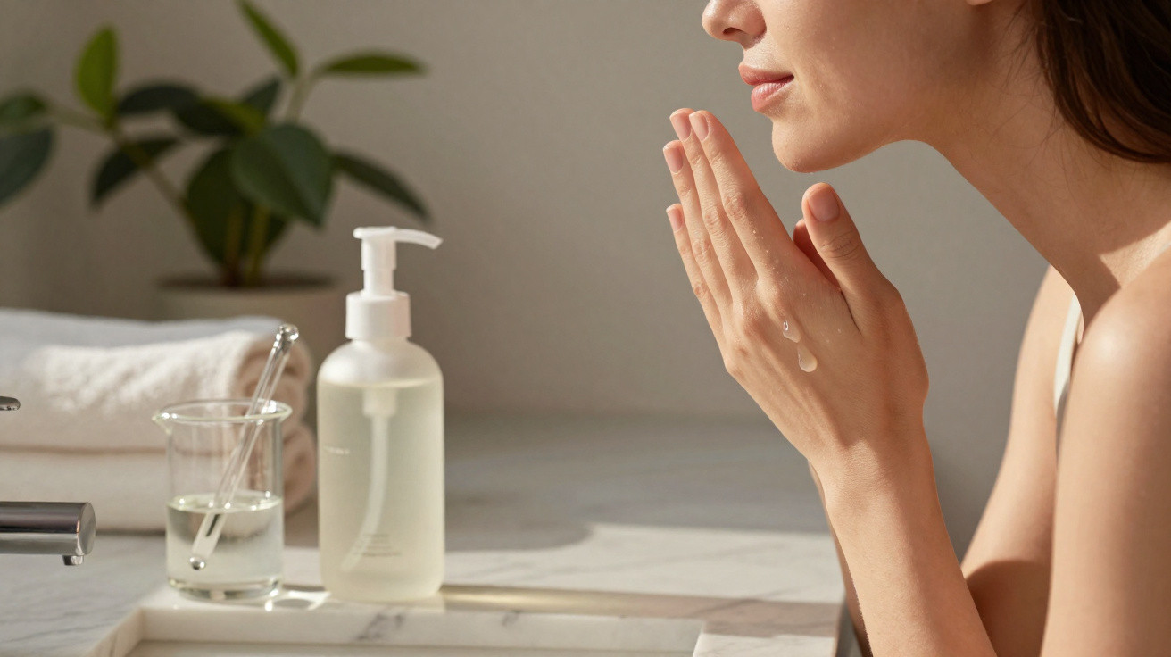 Mulher aplicando sérum facial ao rosto em bancada de banheiro com toalha e planta ao fundo.