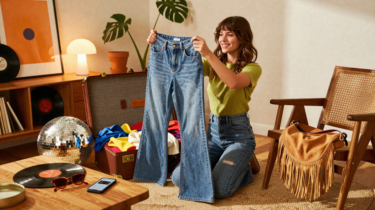 Mulher sorridente segurando calça jeans em cômodo com mala aberta cheia de roupas coloridas.