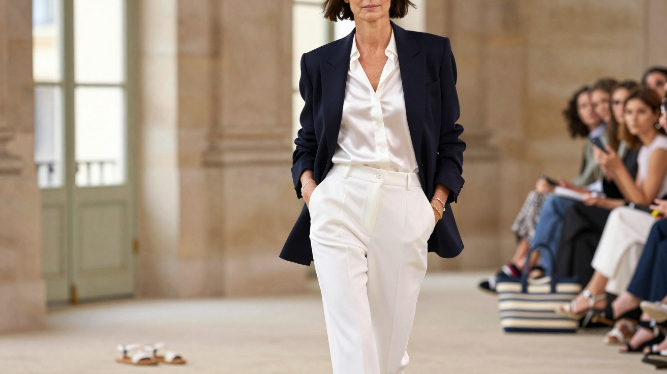Mulher desfilando em passarela com terno branco e blazer preto em ambiente de moda com público.