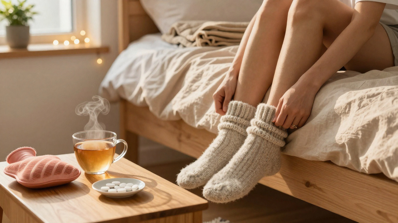 Pessoa sentada na cama vestindo meias grossas, com chá quente e remédios sobre mesa de madeira.