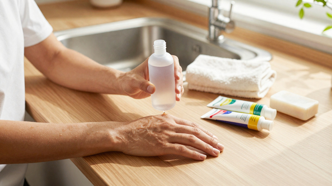 Pessoa aplicando esmalte transparente nas mãos sobre bancada de madeira com toalha, sabonete e tubos de creme.
