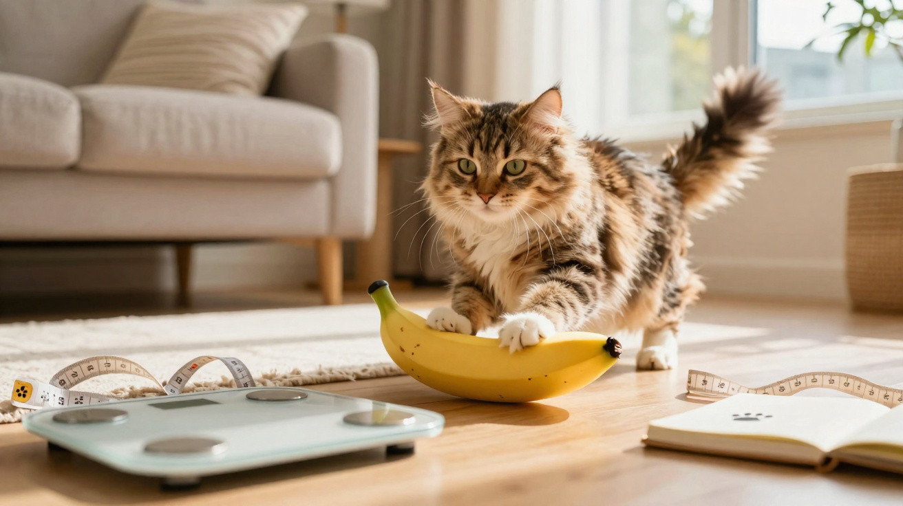 Gato segurando uma banana em ambiente claro com balança e fita métrica ao redor.