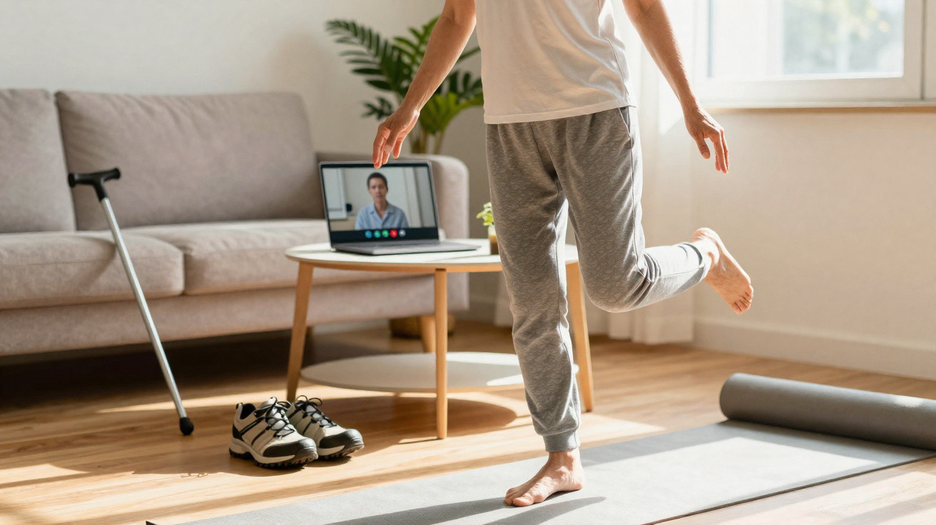 Pessoa faz exercícios de equilíbrio em sala, com muleta e tênis ao lado e uma videochamada no laptop.