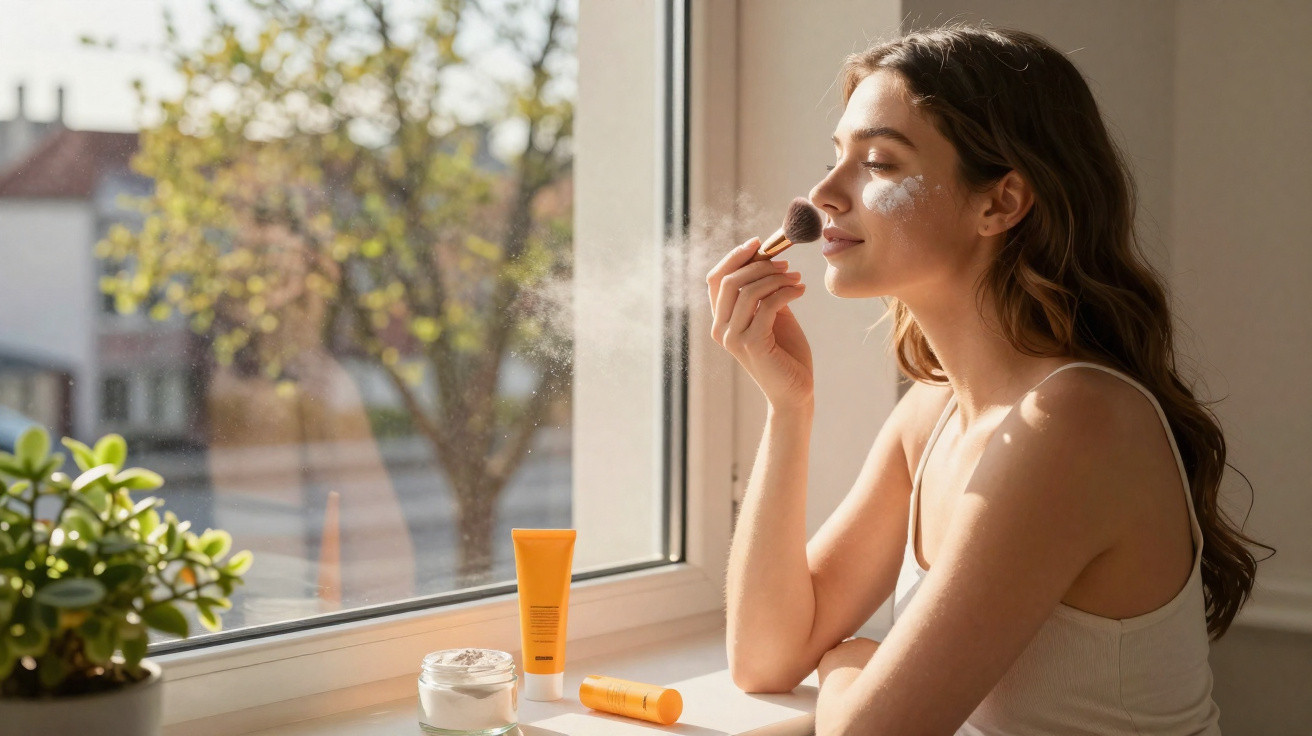 Mulher aplicando pó facial com pincel próxima à janela, produtos de beleza ao lado e luz natural entrando.