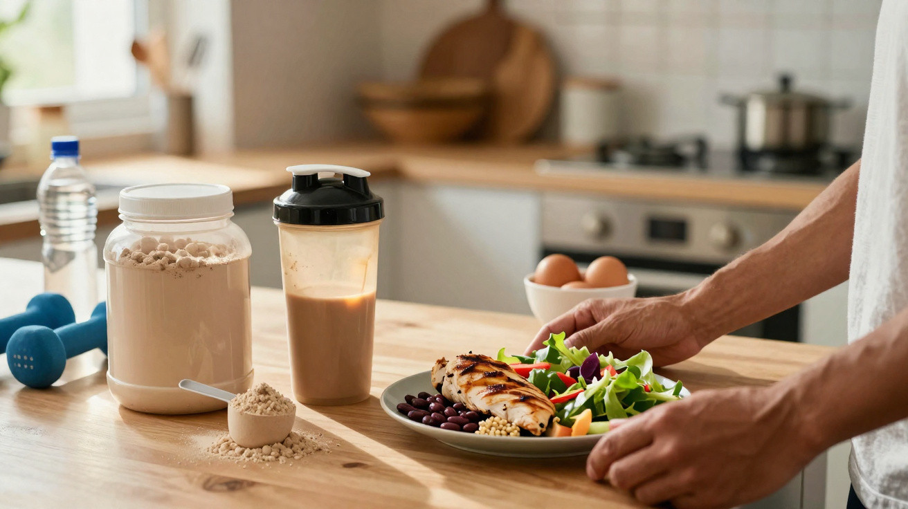 Pessoa segurando prato com frango grelhado e salada, ao lado de suplemento proteico, shake e halteres na cozinha.