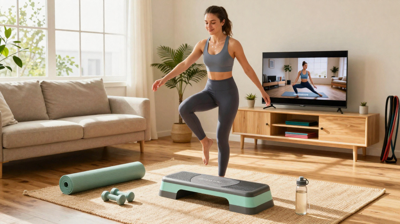 Mulher praticando exercício com step em sala iluminada, assistindo treino em TV com tapete e halteres no chão.