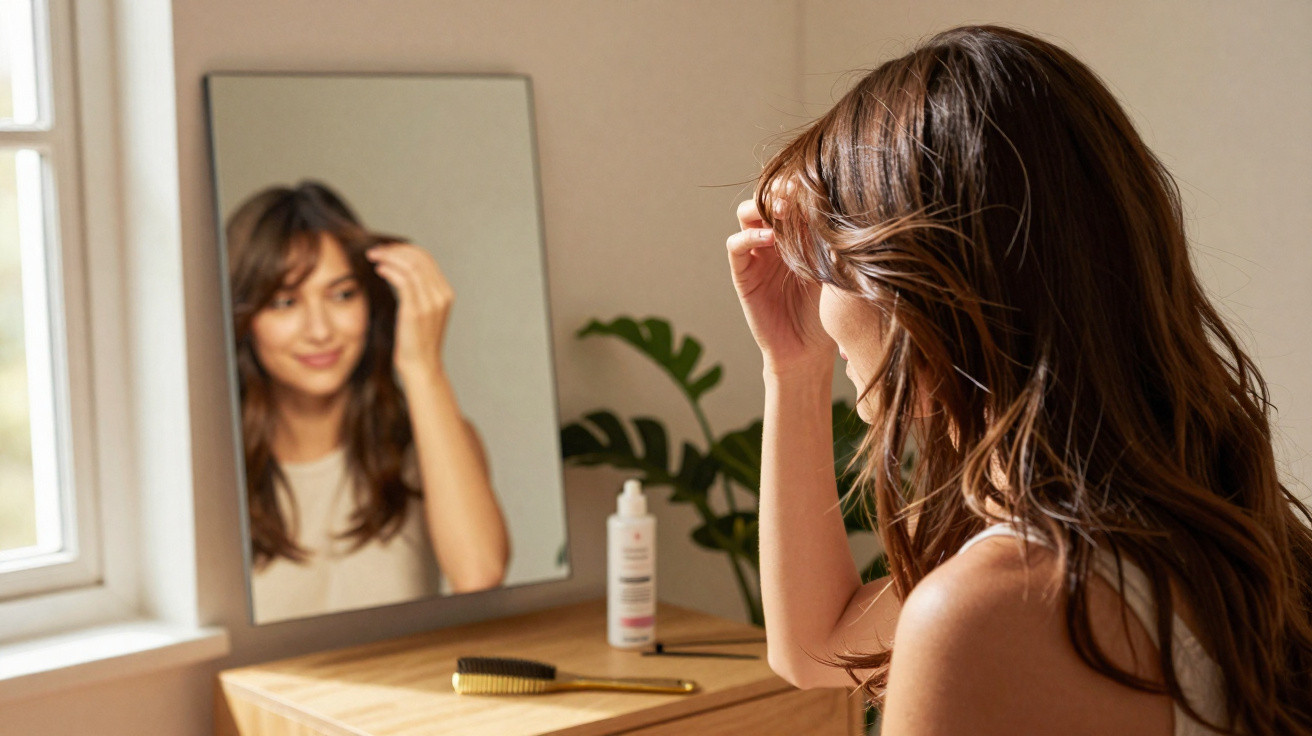 Mulher olhando seu reflexo no espelho enquanto ajeita o cabelo em quarto iluminado.