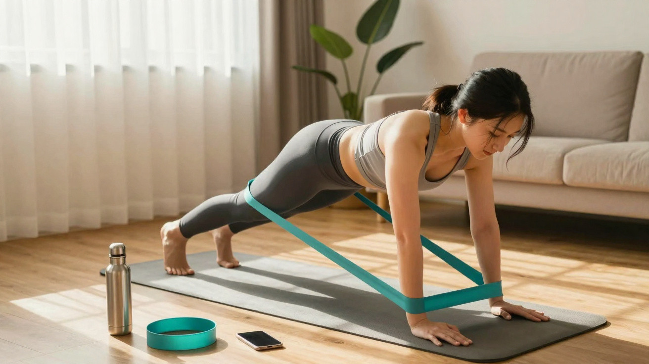 Mulher fazendo exercício com elástico em tapete de yoga na sala, próximo a garrafa e celular.
