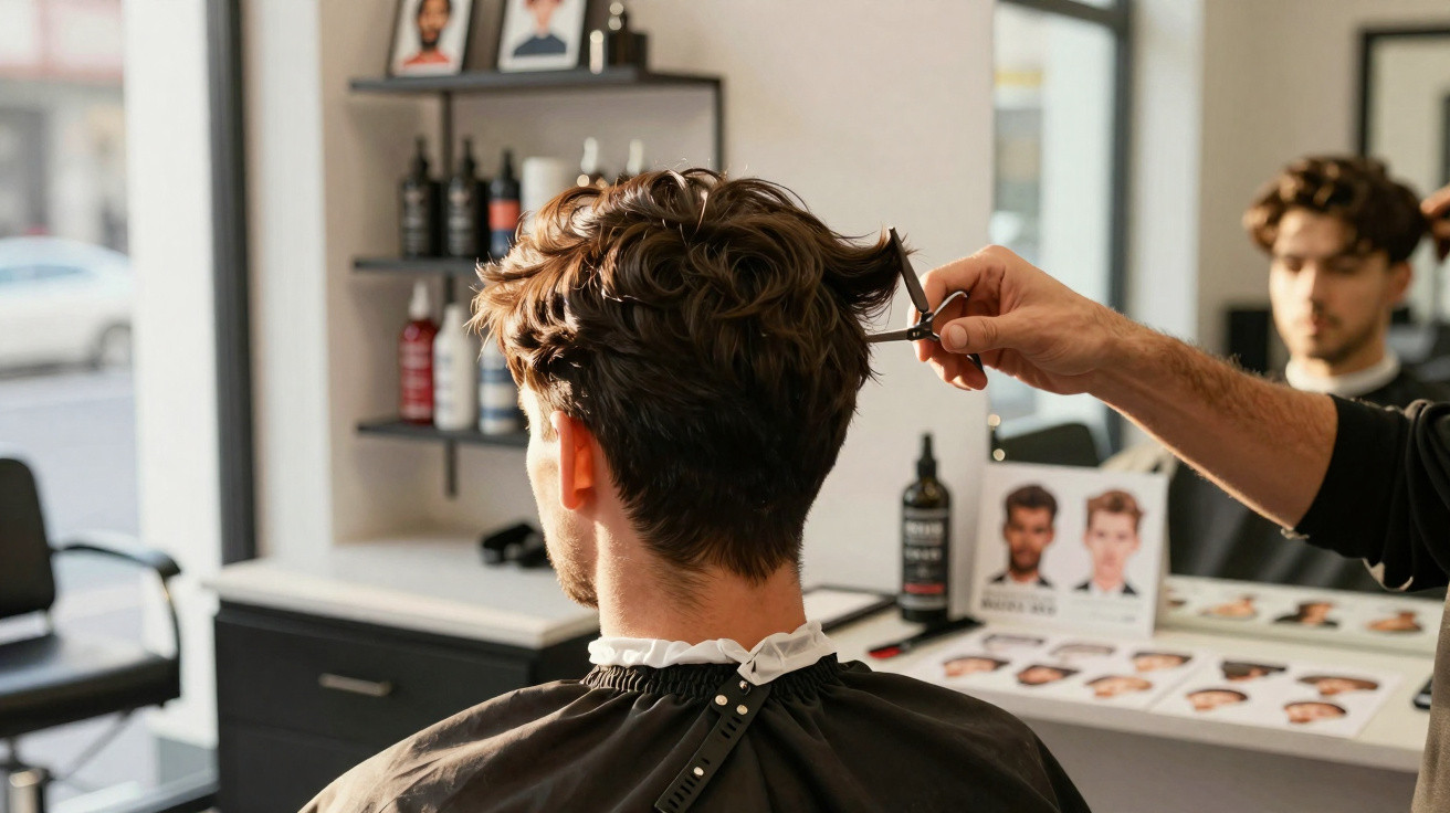 Homem sentado em cadeira de barbearia recebendo corte de cabelo de barbeiro.