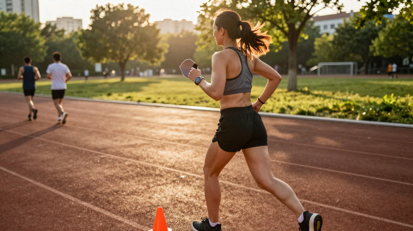 Mulher correndo em pista de atletismo ao ar livre ao pôr do sol, com dois corredores ao fundo.