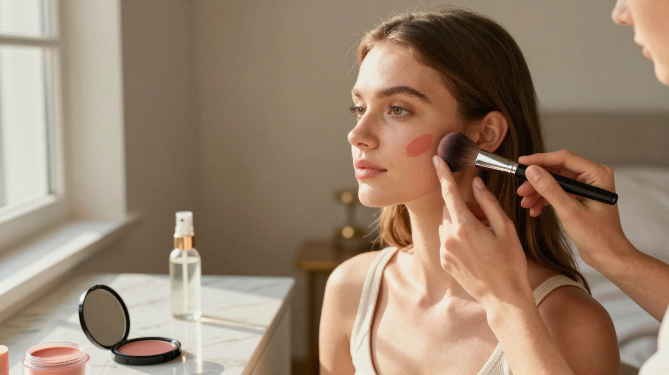 Mulher recebendo aplicação de blush com pincel em ambiente iluminado próximo à janela.