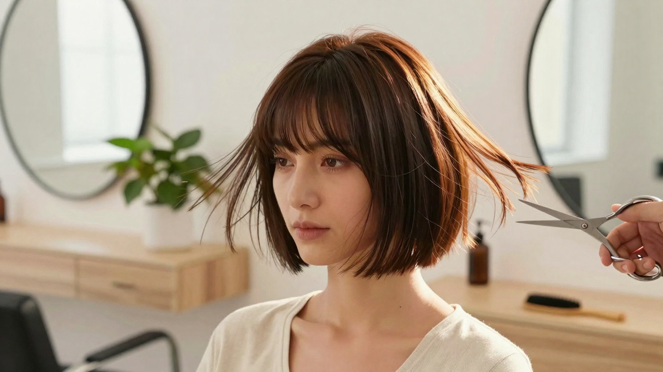 Mulher com cabelo curto sendo cortado em salão de beleza moderno e iluminado.