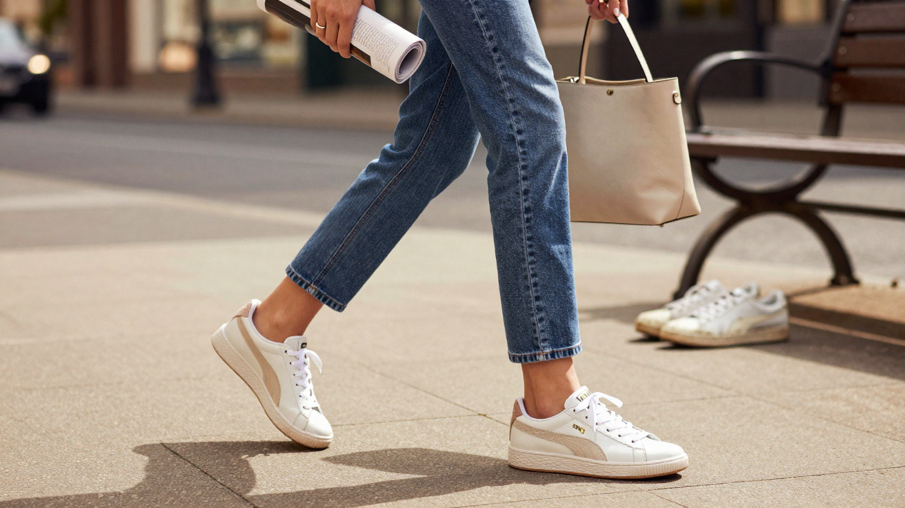 Pessoa caminhando na cidade usando tênis branco e calça jeans, segurando bolsa bege e jornal.