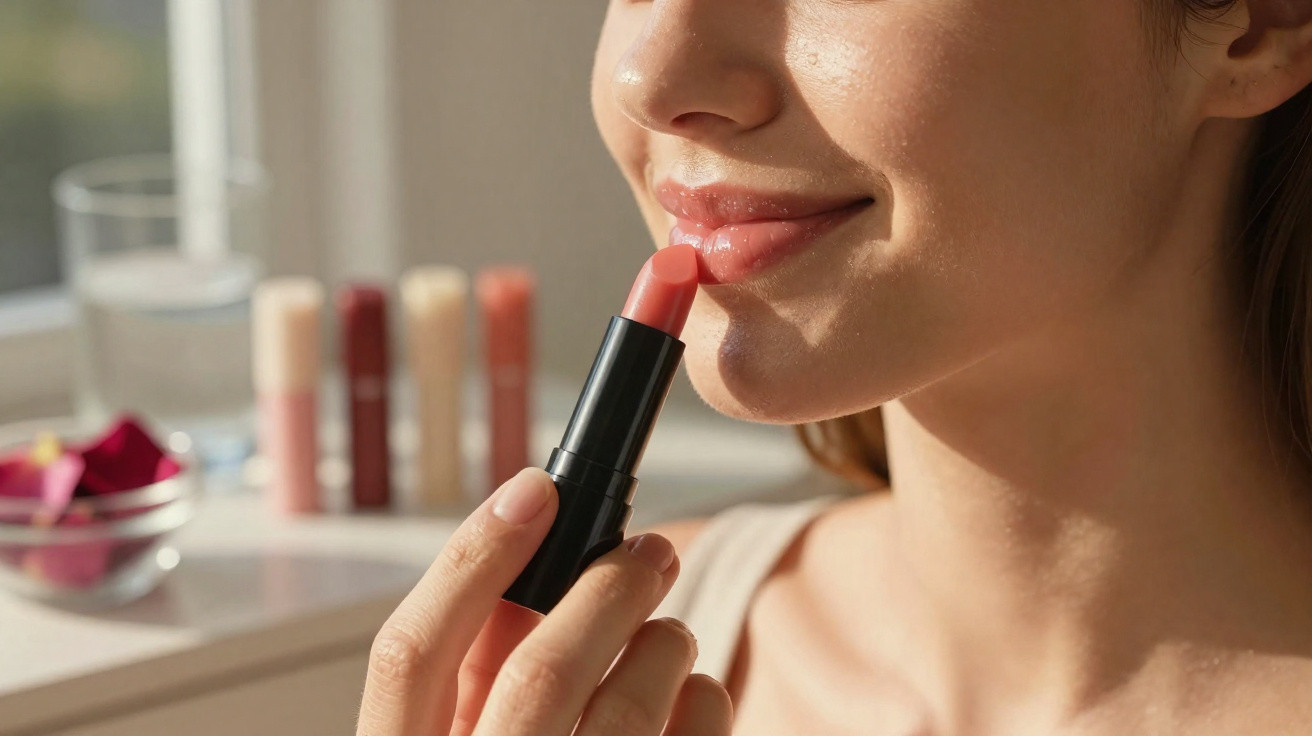 Mulher aplicando batom coral nos lábios em ambiente iluminado com produtos de maquiagem ao fundo.