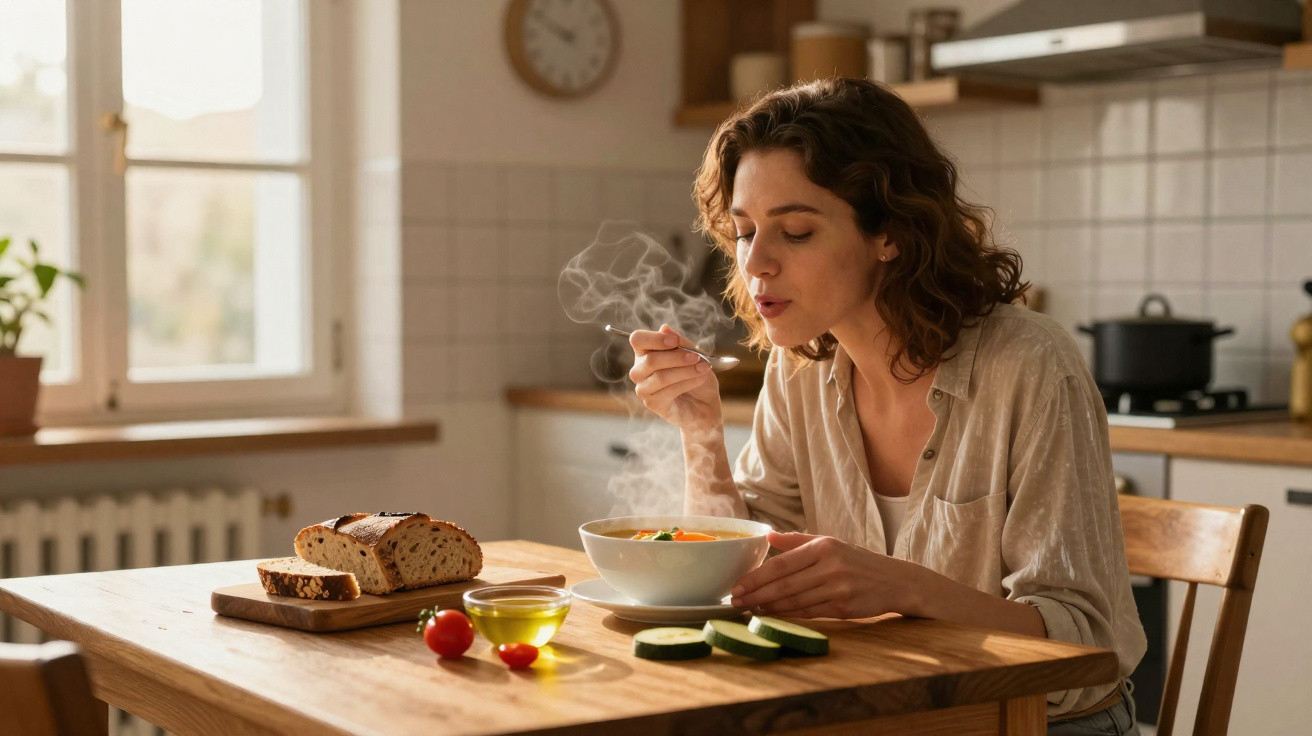 Mulher sentada à mesa na cozinha, soprando sopa quente em uma tigela branca.