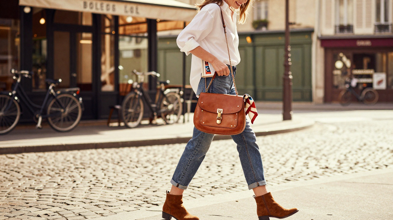 Mulher caminhando na rua com calça jeans, blusa branca, bota marrom e bolsa de couro marrom.