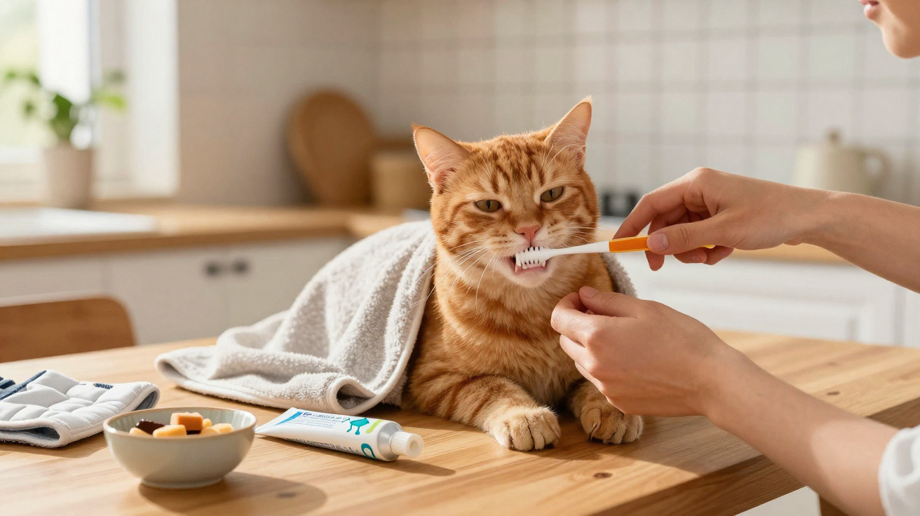 Gato laranja sendo escovado nos dentes por pessoa na cozinha, com toalha branca sobre ele.