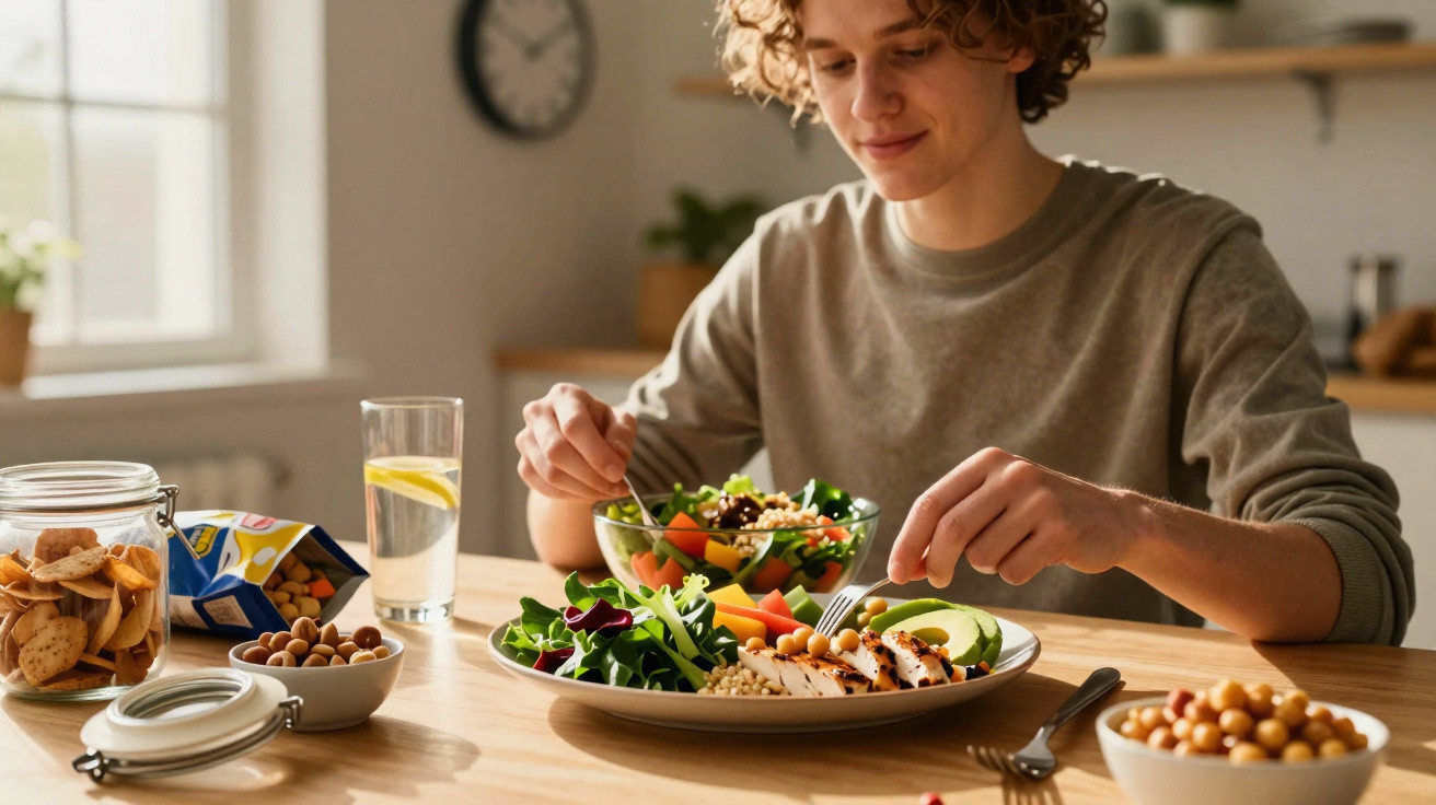 Pessoa jovem comendo salada saudável com legumes e grãos em cozinha iluminada pela luz natural.