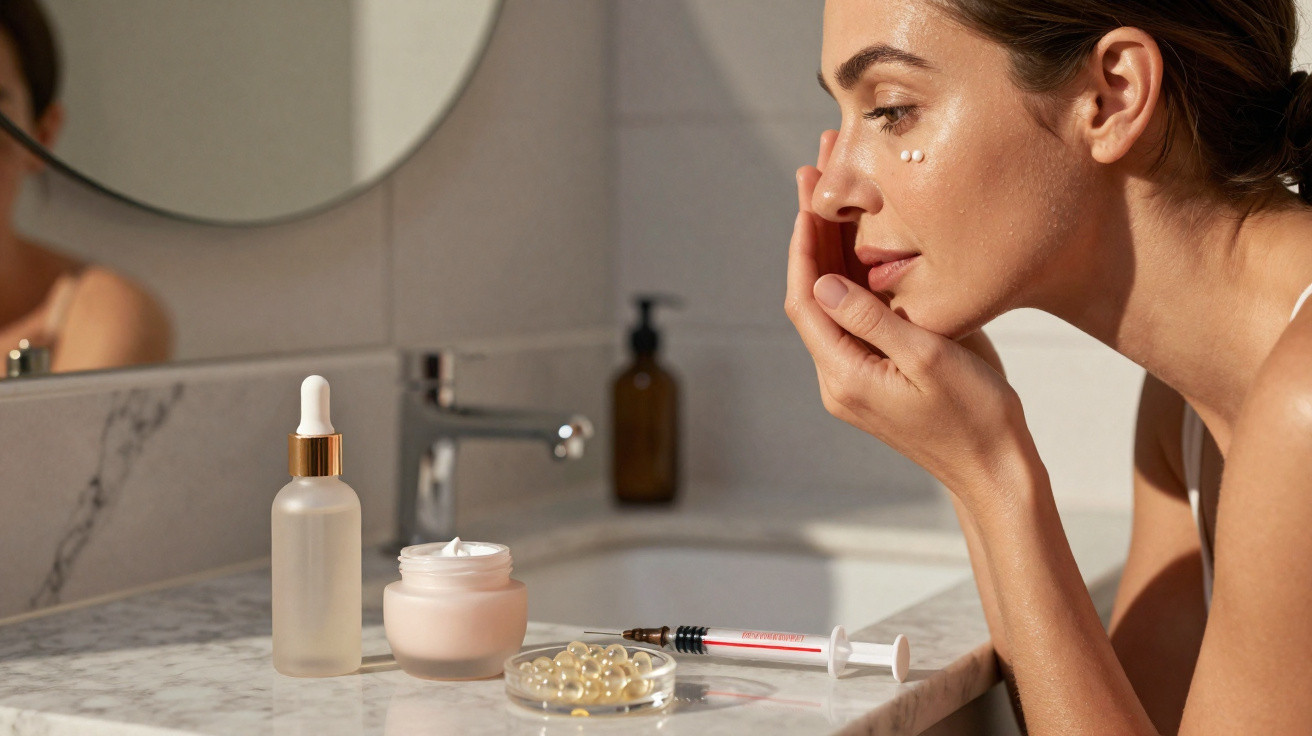 Mulher aplicando creme no rosto em bancada de banheiro com cosméticos e espelho.