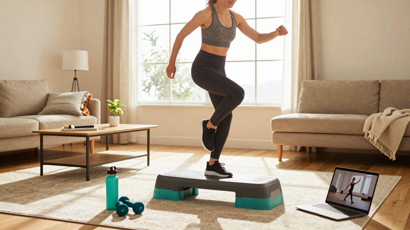 Mulher em roupas de ginástica fazendo exercício com step em sala iluminada com laptop aberto.