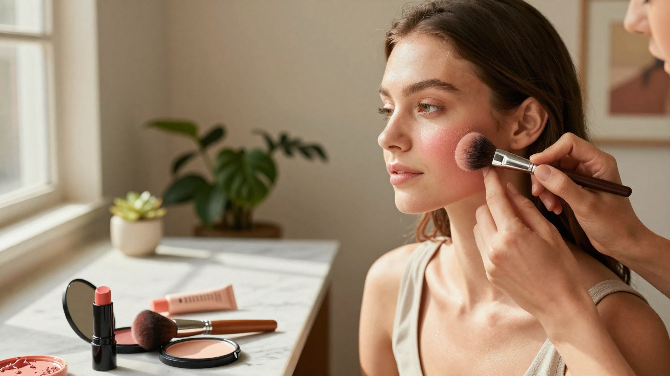 Mulher recebendo aplicação de blush com pincel em ambiente iluminado por luz natural.