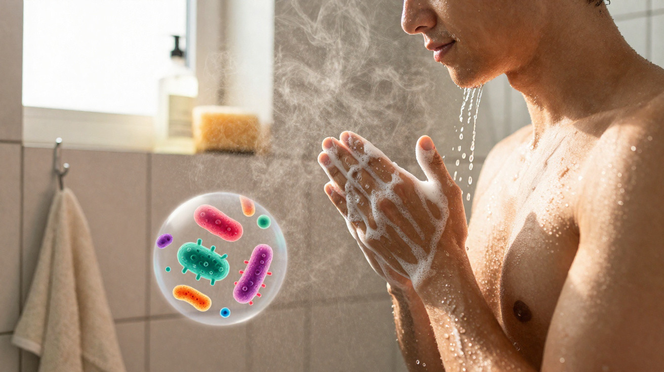 Homem se lavando com sabonete na ducha, com ilustração de bactérias sendo removidas.