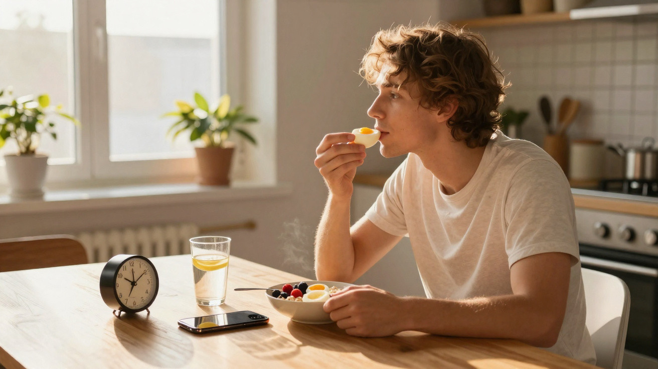 Homem jovem com camiseta branca comendo ovo cozido sentado à mesa de madeira em cozinha iluminada.
