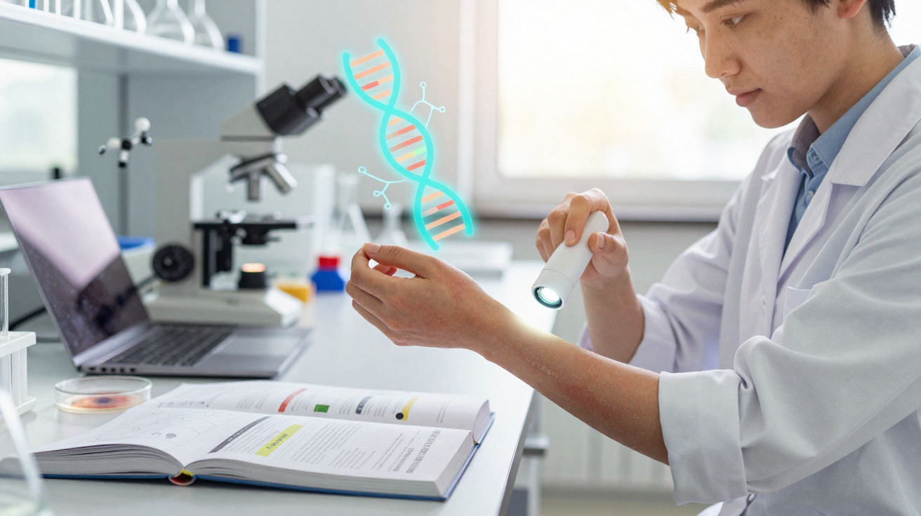 Jovem cientista com jaleco analisa braço com lanterna em laboratório moderno com microscópio e livro aberto.