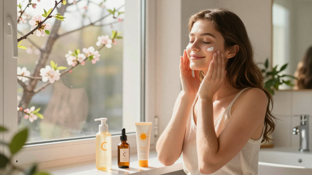 Mulher jovem aplicando creme facial, ao lado de produtos de skincare, perto da janela com flores decorativas.