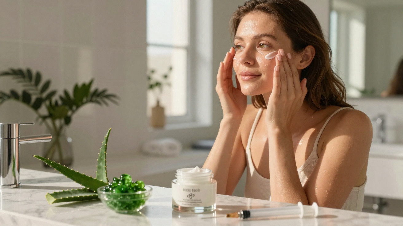 Mulher aplicando creme facial em ambiente claro com aloe vera e cápsulas verdes sobre a bancada.