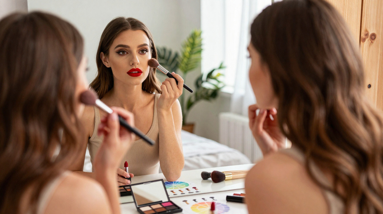 Mulher aplicando maquiagem no rosto olhando no espelho, com batom vermelho e pincel de blush.