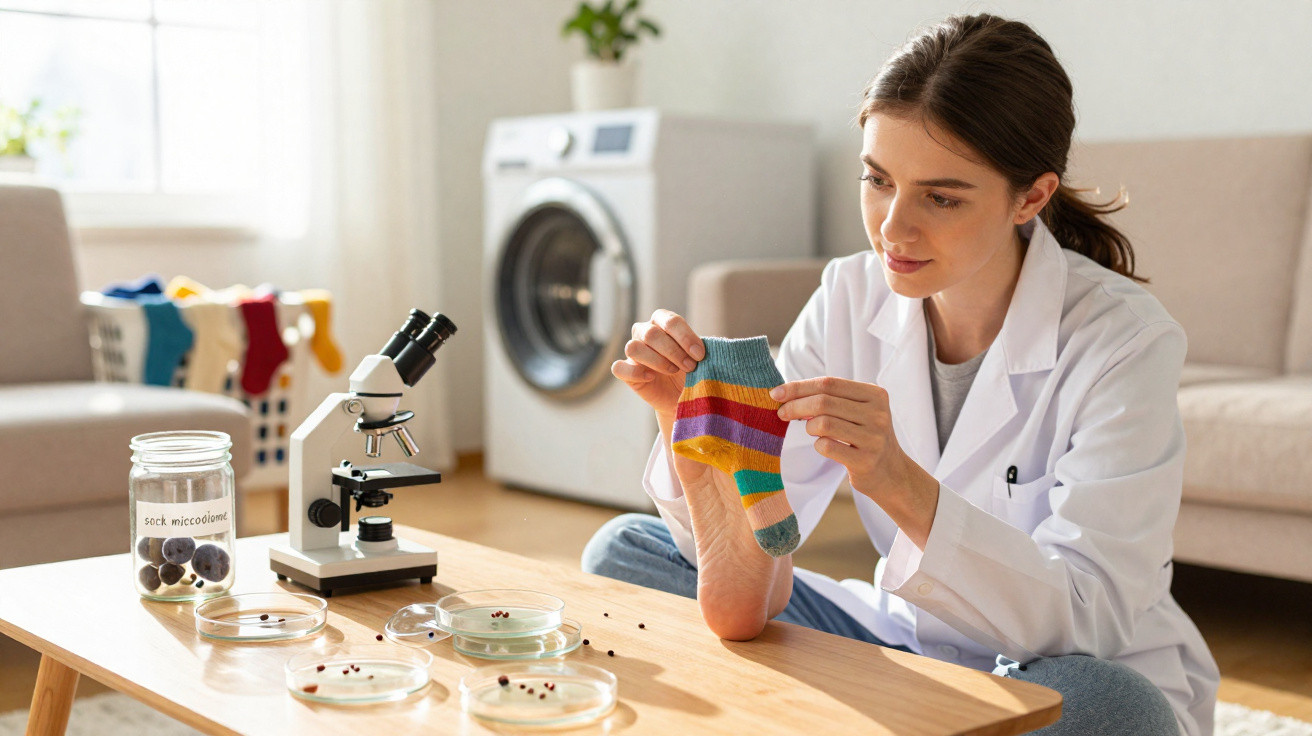 Mulher com jaleco branco analisa meia colorida em ambiente com microscópio e placas de Petri.