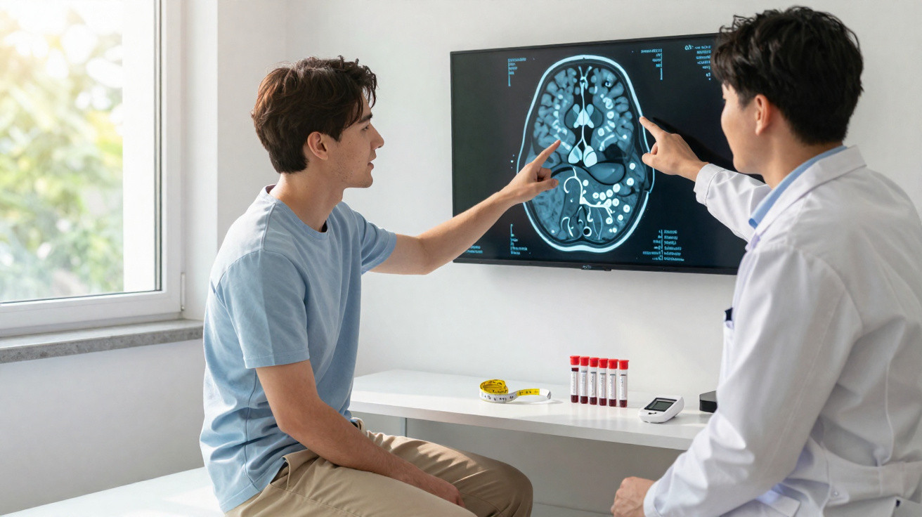 Paciente e médico analisam exame de ressonância magnética cerebral em consultório moderno.