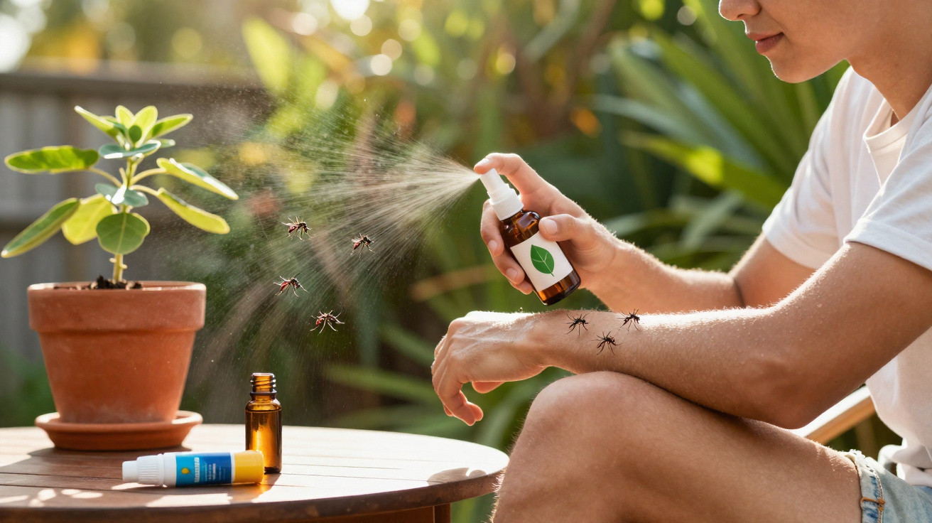 Pessoa aplicando repelente natural em spray para afastar mosquitos em ambiente ao ar livre.
