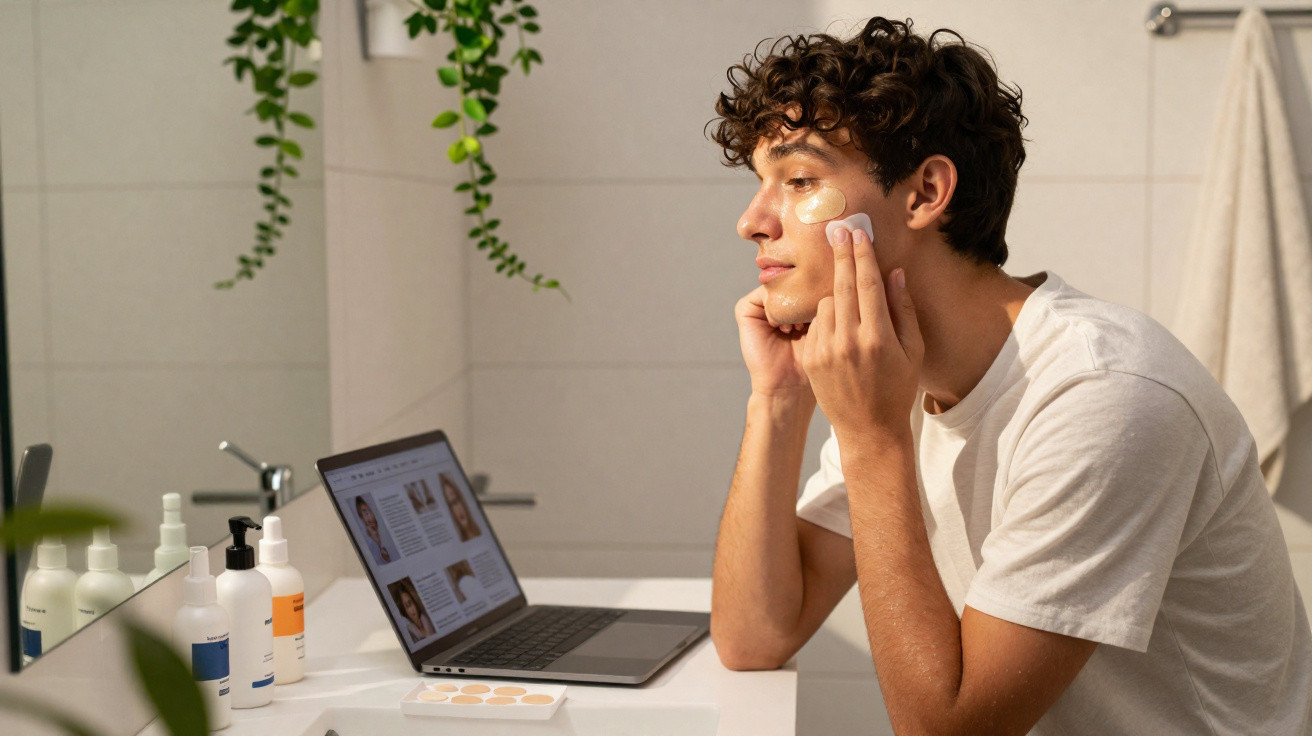 Jovem aplicando creme facial no rosto em banheiro enquanto assiste vídeo no laptop.